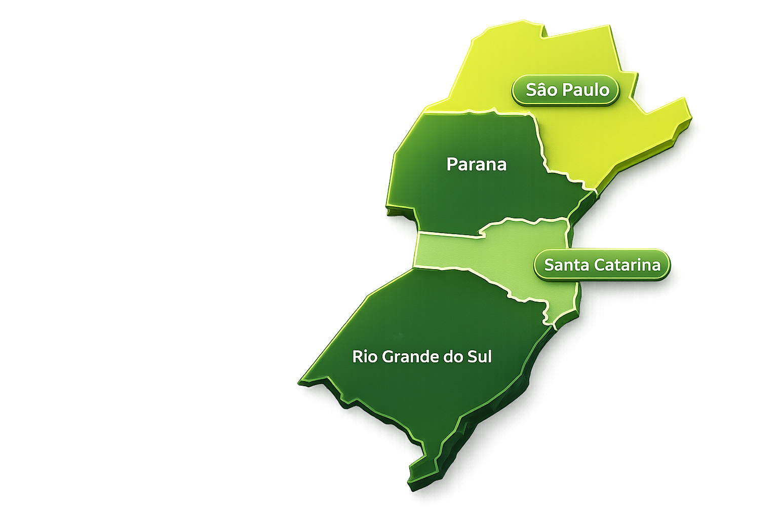 Mapa ilustrativo 3D dos estados atendidos pela Ambientest — Paraná, Santa Catarina, Rio Grande do Sul e São Paulo — em tons de verde claro e escuro com etiquetas dos nomes dos estados, render 3D limpo sobre fundo branco